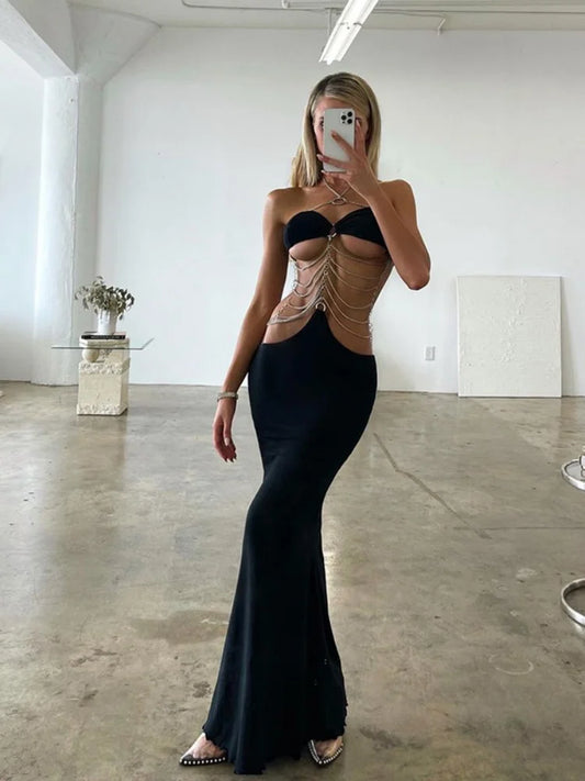 Metal Chain Halter Hollow Out Party Dresses Evening Sleeveless Maxi Dress Wrap Dresses for Clothing