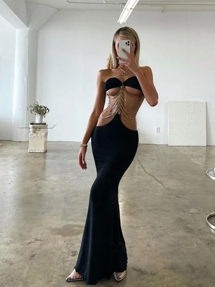Metal Chain Halter Hollow Out Party Dresses Evening Sleeveless Maxi Dress Wrap Dresses for Clothing