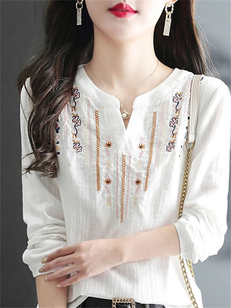 Spring Autumn White Blouses Tops Lady Embroidery V-neck Long Sleeve Loose Blusas Top Df4272