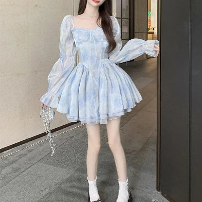 Spring Fall Aline Mini Dresses Blue Korean Vestidos Mujer Beach Style Sweet Print Dress