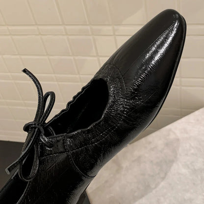 Genuine Leather Pleated Laceup Ballet Flats Round Toe Soft Comfortable Ballerinas Shoes for New