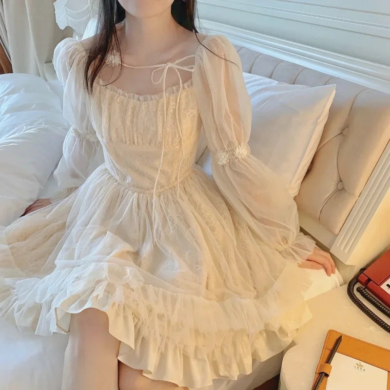 Lolita Kawaii Dress Long Sleeve Y2k Mini Dress Female Japanese Style One Piece Dress Korean Spring