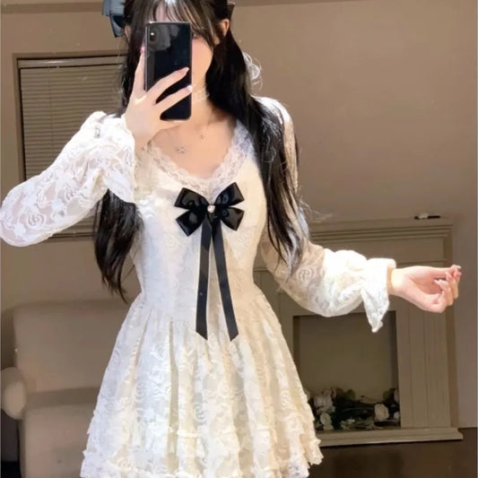 Lace Mini Dresses V-neck Long Sleeve Ruffles A-line Autumn New Sweet Korean Party Dress Female Vestidos