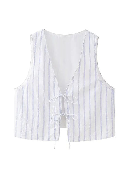 Summer Woman Stripe Vneck Tank Tops Sleeveless Slim Laceup Vests Female Cropped Waistcoat