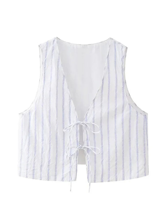 Summer Woman Stripe Vneck Tank Tops Sleeveless Slim Laceup Vests Female Cropped Waistcoat