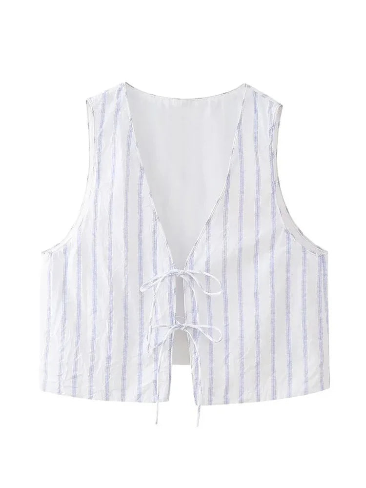 Summer Woman Stripe Vneck Tank Tops Sleeveless Slim Laceup Vests Female Cropped Waistcoat