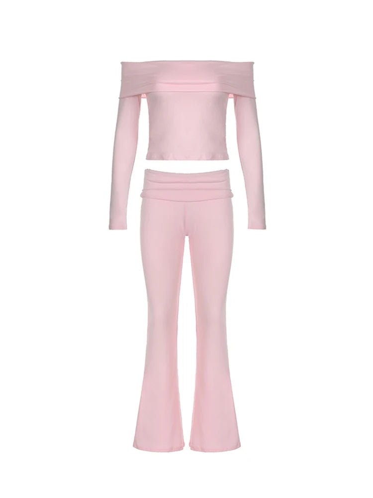 Skinny Ruched Off Shoulder Long Sleeve Tee Shirt and Flared Pants 2 Pieces Sets