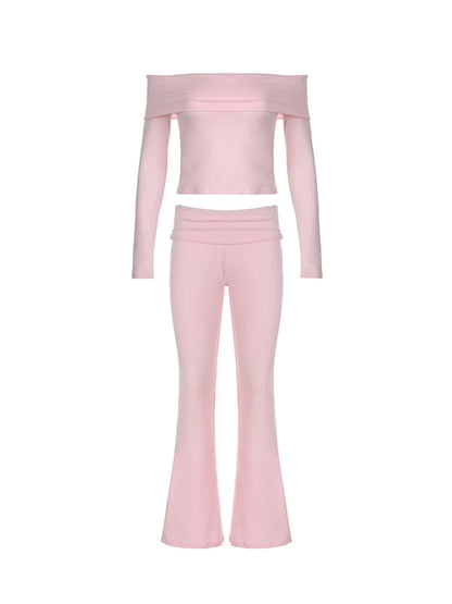 Skinny Ruched Off Shoulder Long Sleeve Tee Shirt and Flared Pants 2 Pieces Sets
