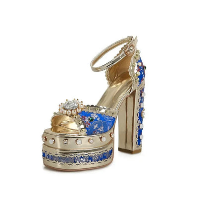 European and American Thick High Heels, Thick Soles, Pure Handmade Diamond Inlaid Sandals, Nightclub Runway Shoes