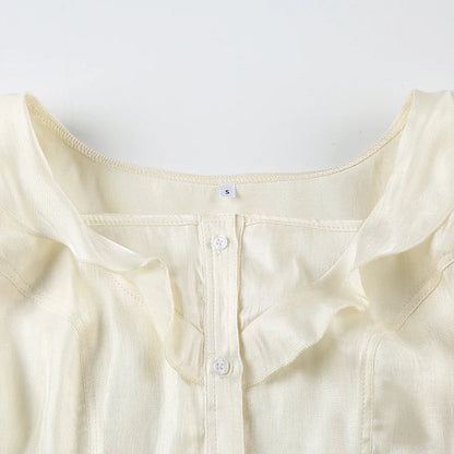 Peter Pan Collar Tiered Aline Blouse Sweet Slimming Back Tieup Bow Shirts Short Sleeve Top Summer