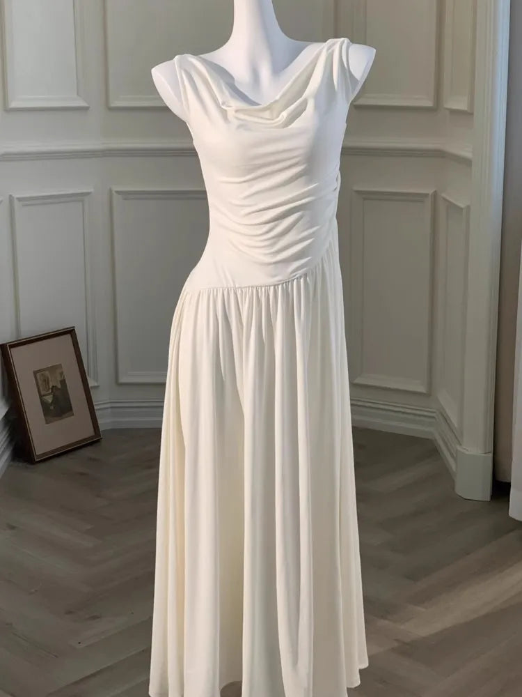 White Long Dresses Fairycore Slash Neck Inclined Shoulder Vestidos Summer Laceup Ruched Trumpet Dress
