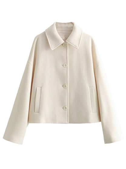 Color Cropped Jacket Woman Spring Turn Down Collar Single Breasted Long Sleeve Coat New Outerwear Tops