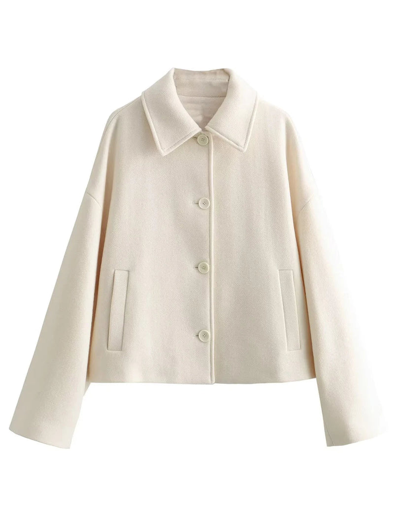 Color Cropped Jacket Woman Spring Turn Down Collar Single Breasted Long Sleeve Coat New Outerwear Tops