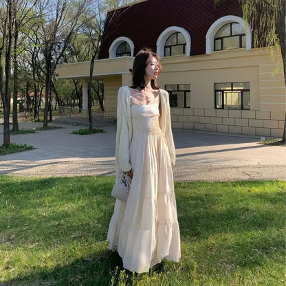 French Lace Spliced Black Slip Dress Summer New High End Sleeveless Waist Slimming Aline Long Dress for