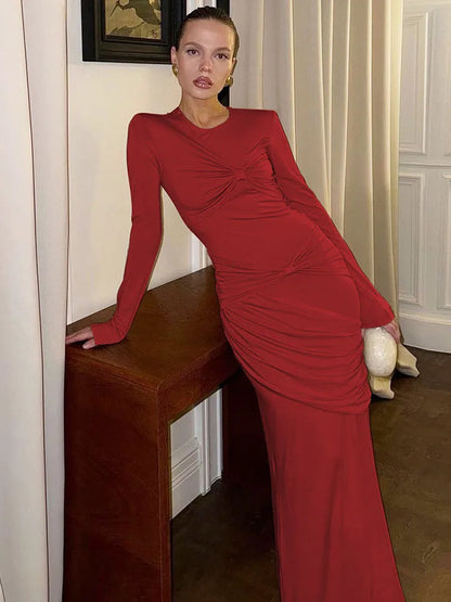 Slim Ruched Maxi Dress for Fall New Draped Bow Splice Club Party Dresses Vestido Female Long Sleeve
