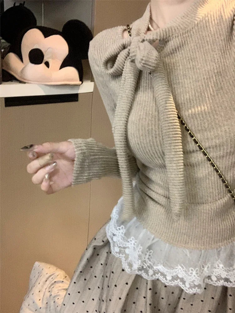 Gray Lace Spliced Knit Base Sweater for Ballet Style Autumn Winter Bow Tie Knitwear Lace Long Sleeve Pullover