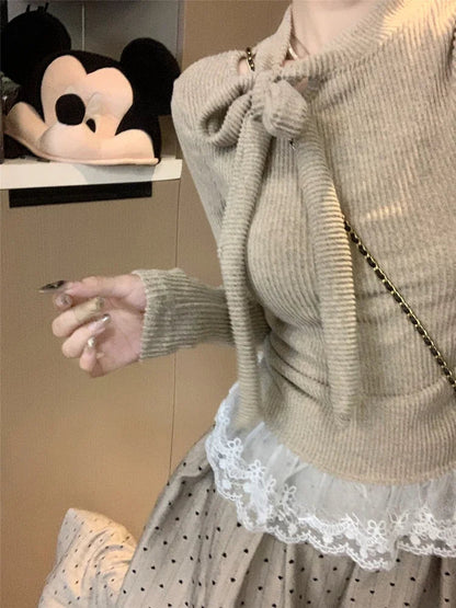 Gray Lace Spliced Knit Base Sweater for Ballet Style Autumn Winter Bow Tie Knitwear Lace Long Sleeve Pullover