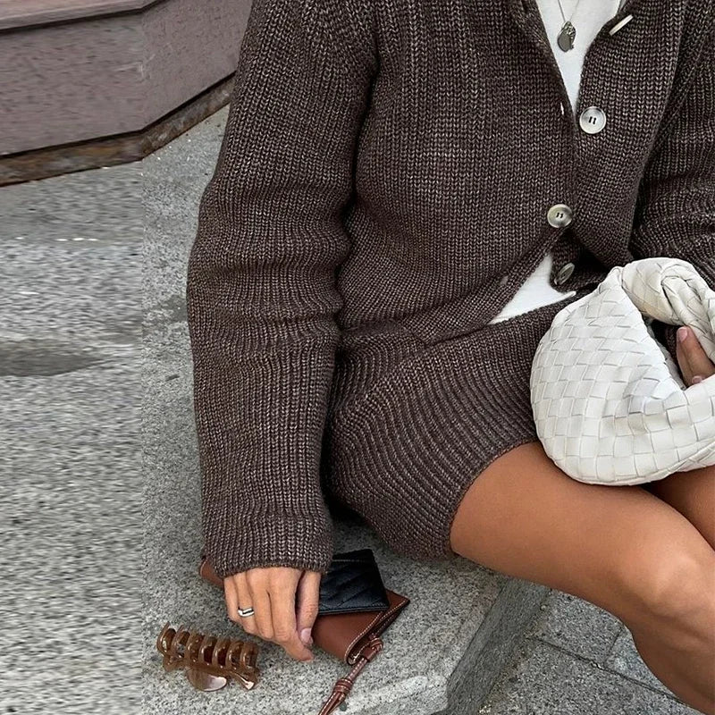 Knitted Skirts 2 Piece Set Lapel Flare Button Knitted Cardigan Top Mini Skirt Autumn Lady All-matching Outfit