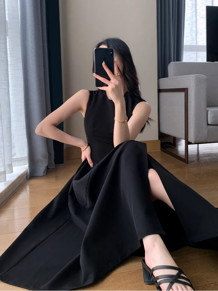 Summer New Black Sleeveless Aline Vest Dress Sweet Long Dresses Woman Party Club Dress Vestido