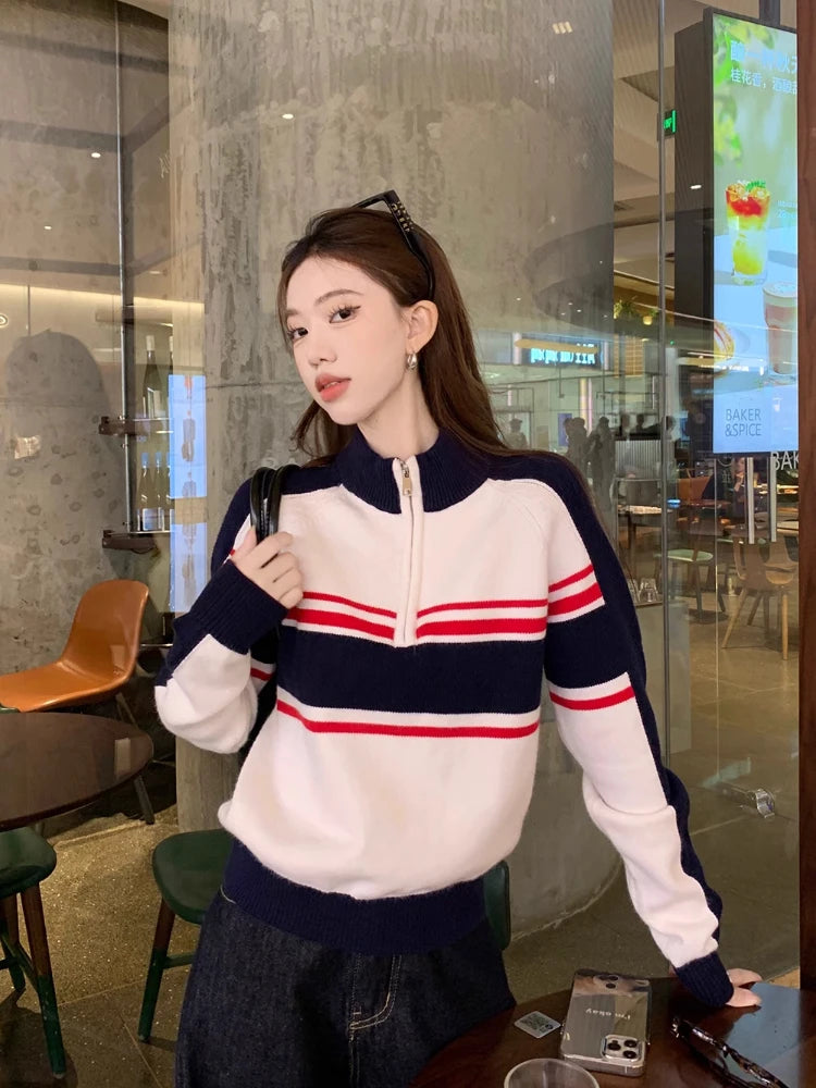 American Retro Striped Sweater Half Zipper Knitwear Pullovers Oversized Raglan Sleeve Winter Clothes