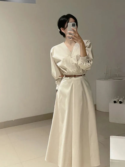 Korean V-neck Midi Dresses for With Belt Long Sleeve A-line Office Lady Autumn New Female Clothing