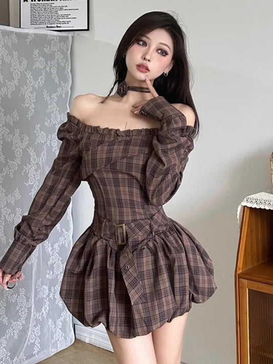 Coffee Plaid Mini Dress for Off Shoulder Long Sleeve Belt Flower Bud Dress Autumn Lady Skirts