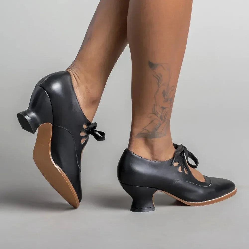 Retro Mary Jane Pumps Woman Lace Up Low Heel Dress Zapatos Brand Design Butterfly Wing Derby Shoes 43