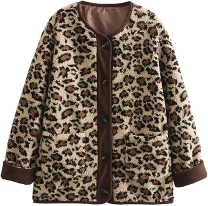 New Leopard Fuzzy Fleece Jacket Long Sleeve Open Front Coats Lightweight Outerwear With Pocket Thermal Top Jacket