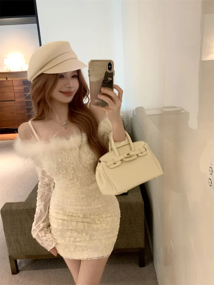 Mini Dresses Lace Patchwork Furry Slim Sweet Wedding Party Cocktail Evening Dress Birthday