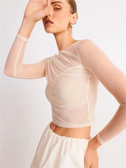 Summer See-through Mesh T-shirt Top Pleated Patchwork See-through Slim Cropped Top Tee Female T-shirt Pullover