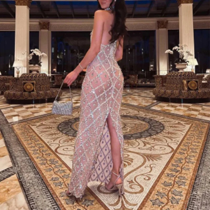 Shiny Glitter Sequins Gown Party Dress Spring Halter Sleeveless Hollow Long Dress Summer Off Shoulder Slim Maxi Dress