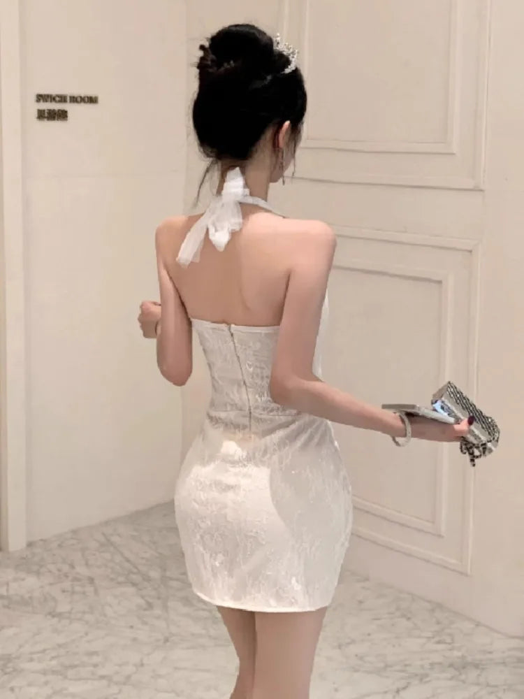 Mini Dresses Lace Patchwork Sleeveless Slim Sequins Backless Halter Basic Party Dress Shiny Female