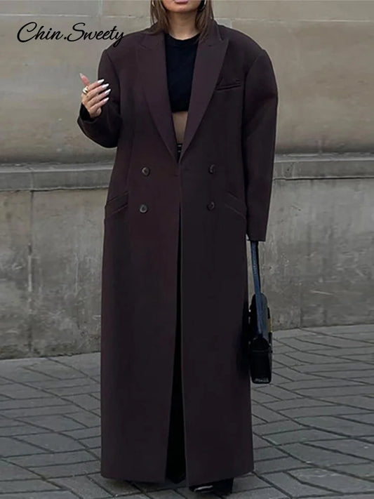 Lapel Pocket Woolen Long Trench Coat Full Sleeve Loose Overcoat Autumn Winter Lady Commute Outwear