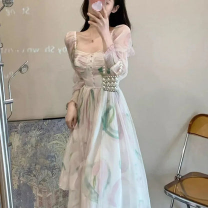 Chiffon Dresses Puff Sleeve Spring Summer Print Vestidos Mujer French Style Sweet Long Dress