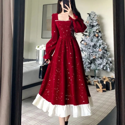 Autumn Shiny Velvet Midi Dresses for Long Sleeve Square Collar Oversize Ruffles Patchwork Christmas Party Dress Vestidos