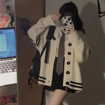 Loose Cardigan Long Sleeve V-neck Knitted Black Slouchy All-match Female Autumn Winter Coats Korean Style Baggy Tops