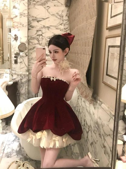 Evening Dresses Velvet Strapless Slim Rhinestone Wedding Party Cocktail Mini Dress Backless Birthday
