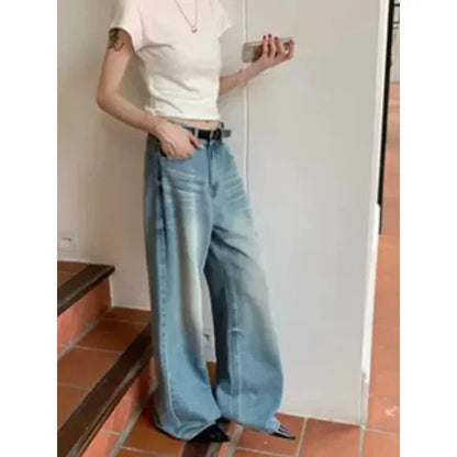 Washed Distressed Jeans Summer New Korean High Waist Loose Denim Wide Leg Pants