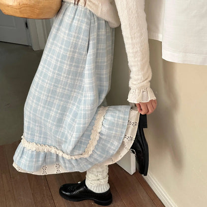 Autumn Winter Y2k Skirts Blue Plaid Woolen Plaid Lace Splicing Skirt High Waist Slimming a Word Long Skirt
