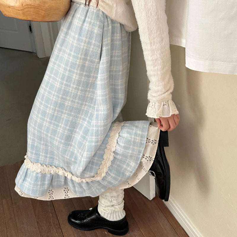 Blue Plaid Woolen Retro Plaid Lace Skirt Autumn Winter New High Waist Slimming Aline Mid Length Long Skirt