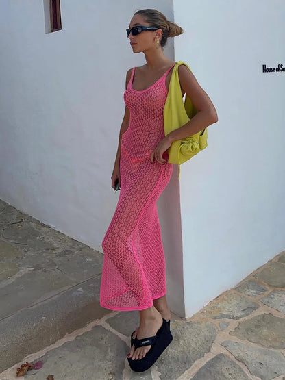 Pink Knit Cover Up Maxi Dress Female Seethrough Net Hollow Out Beach Holiday Dress Knitwear Beach Cover Dress Beachwear