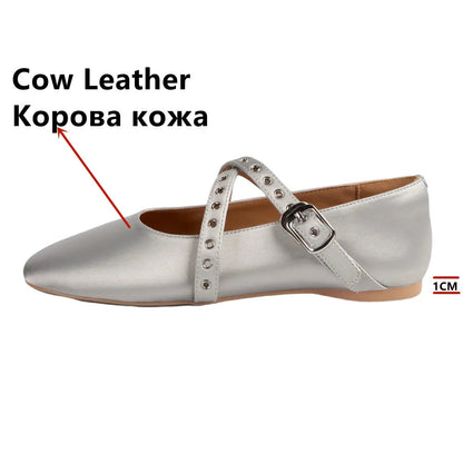 Spring Summer New Flats Genuine Leather Ballet Flats Round Toe Buckle Strap Comfortable Shoes Woman Concise