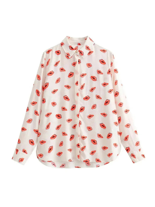 Summer Blouses Woman Lips Printed Lapel Long Sleeves Single Breasted Shirts Female Loose Shirt Top