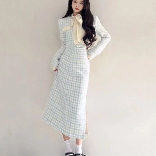 Korean Two-piece Skirt Sets Crop Jacket Coat Bodycon Midi Skirt Autumn Winter New Female Outfits