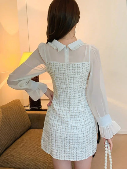 Plaid Mini Dress Sweet Flare Long Sleeves Chiffon Patchwork Birthday Party Short Dresses Female Clothing New
