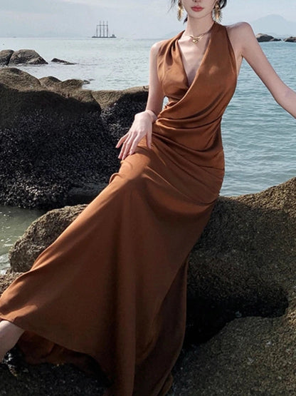 Spring Summer Halter Midi Dress Sleeveless Party Beach Long Vestidos Female Bodycon Slim Robe