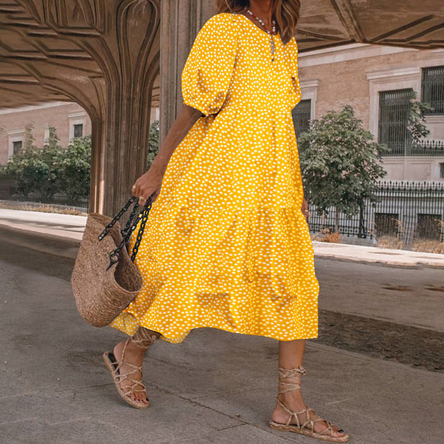 Summer New ’s Print Dress Puff Short Sleeves Ruffles Loose A-line Midi Dresses Beach Vacation Vestidos