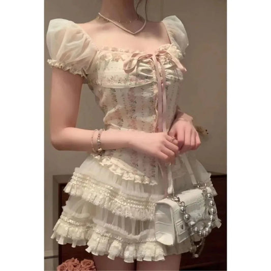 2000s Japanese Kawaii Suits Lolita 2 Piece Skirt Set Even Party Clothing Y2k Crop Top Blouse + Slim Skirts