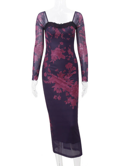 Backless Print Maxi Dress for Autumn Winter New Square Collar Long Sleeve Bodycon Club Party Dress