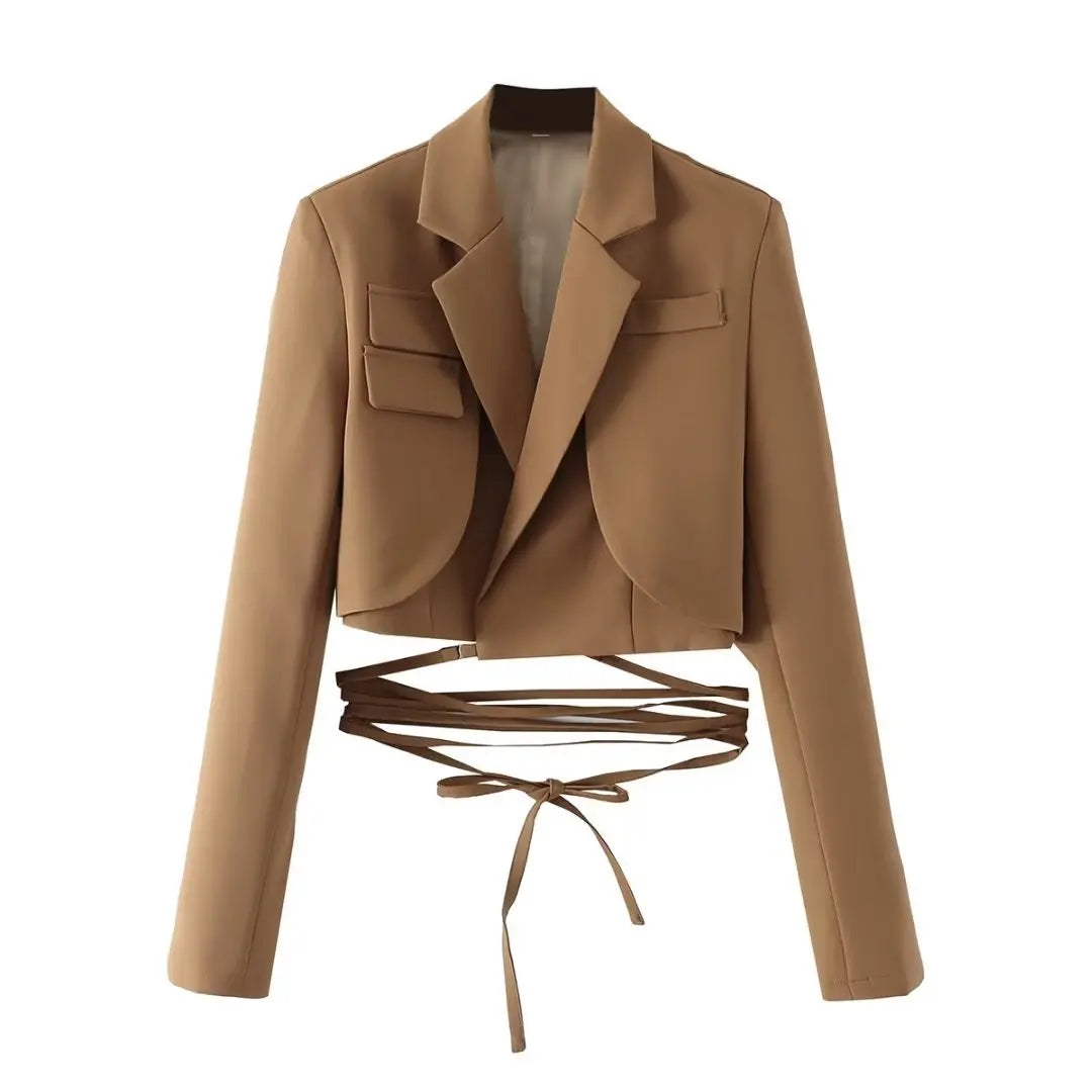 Gray Double Layer Bandage Slim Blazer Desigual Long Sleeve Pocket Short Jacket Female Outwear Crop Tops